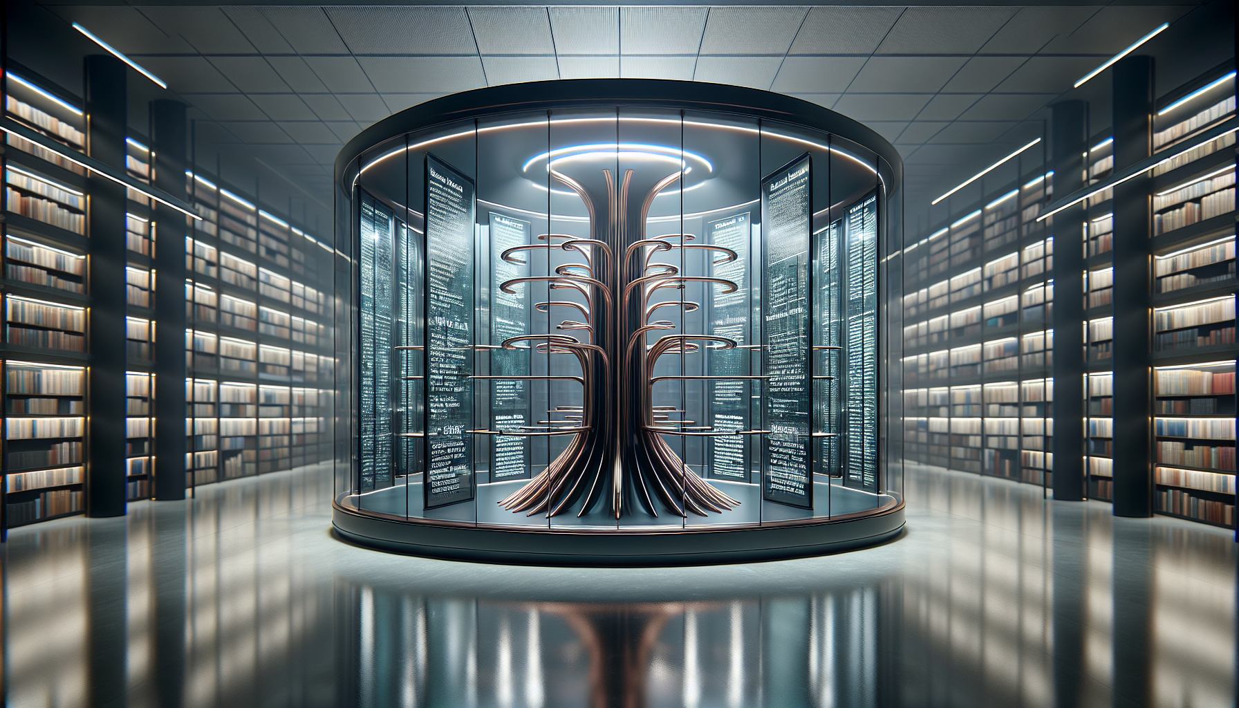 A futuristic glass library representing organized digital knowledge