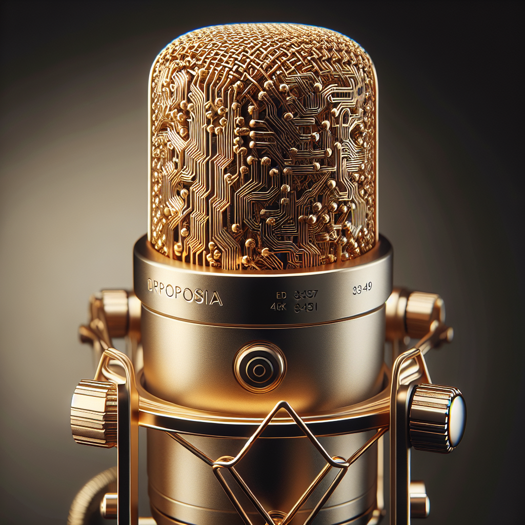 Minimalist 3D icon of a golden microphone with circuit board patterns