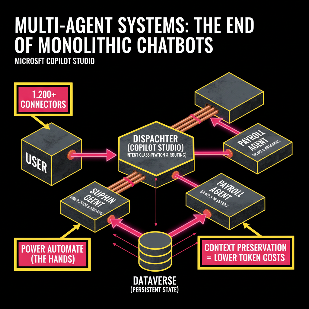 A conceptual visualization of interconnected AI agents represented as glowing nodes in a complex, synchronized digital network.