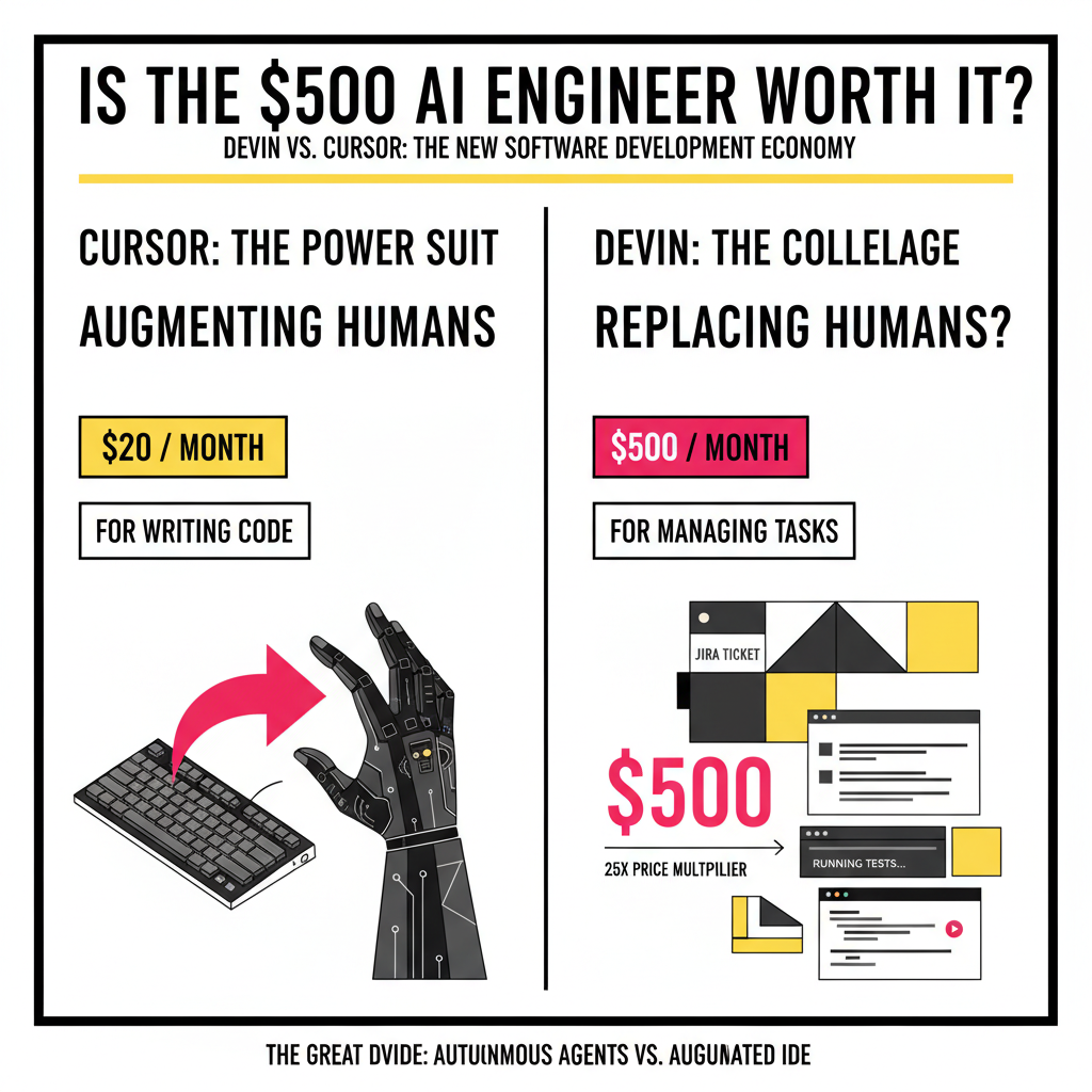A brutalist graphic showing a digital split between an autonomous agent and a human-driven IDE