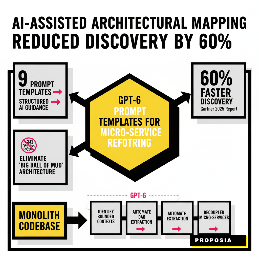 A high-tech digital blueprint showing a messy monolith transforming into clean, separate service modules.