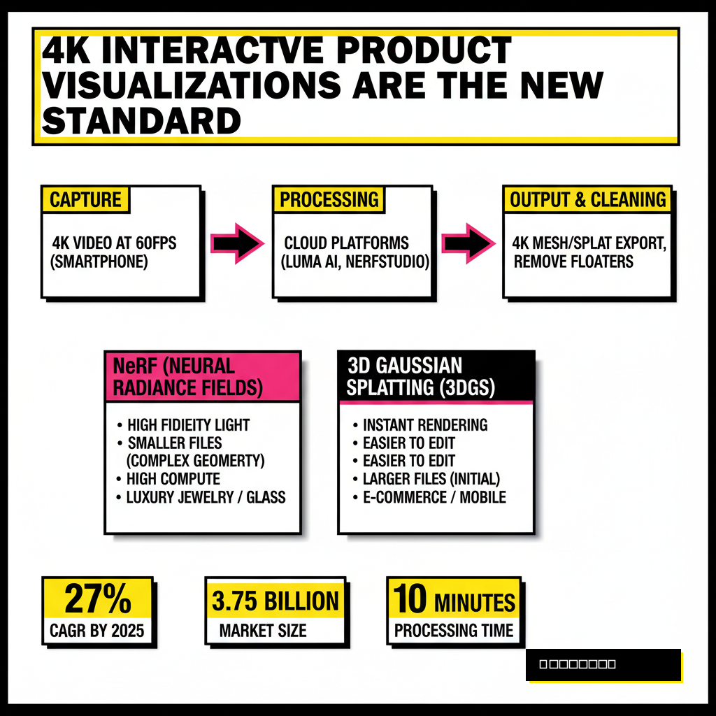 A sleek 3D web interface showing a 4K product model with interactive hotspots and an integrated voice waveform
