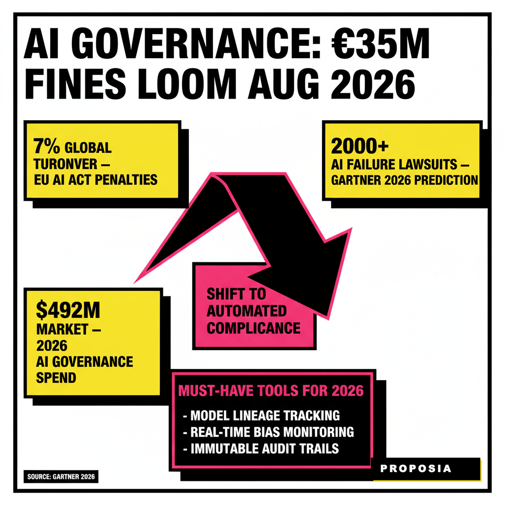 A digital bridge connecting a gear-filled factory floor to a glowing, clean neural network, representing the bridge between traditional operations and AI governance.